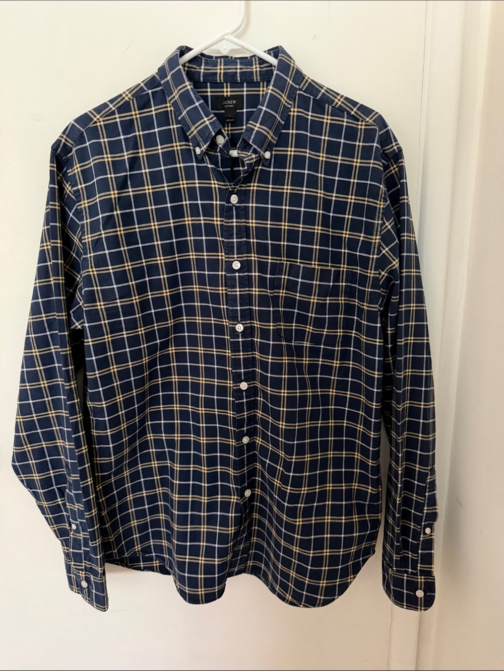 J. Crew Men’s Navy and Tan Plaid Button-Down Shirt